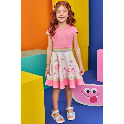  Vestido Flamingo com Pompons - Rosa e Branco
